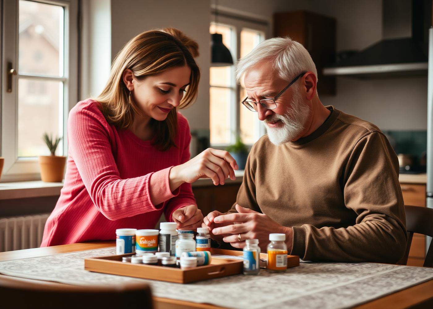 A caregiver helping her father organize his medications